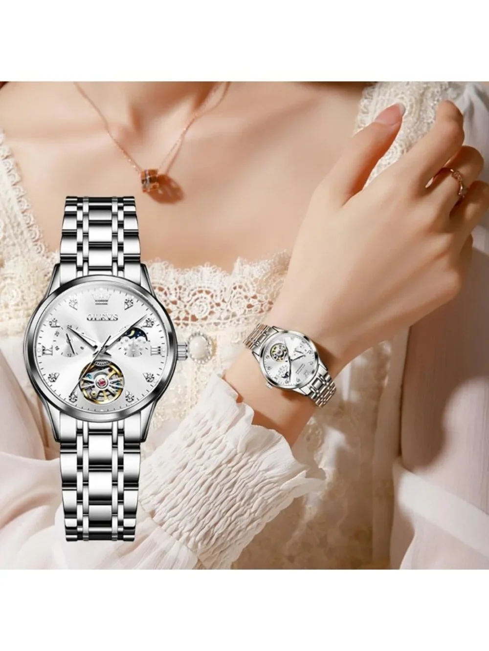 Women’s Silver White Automatic Starry Sky Diamond Bezel Luxury Mechanical Watch